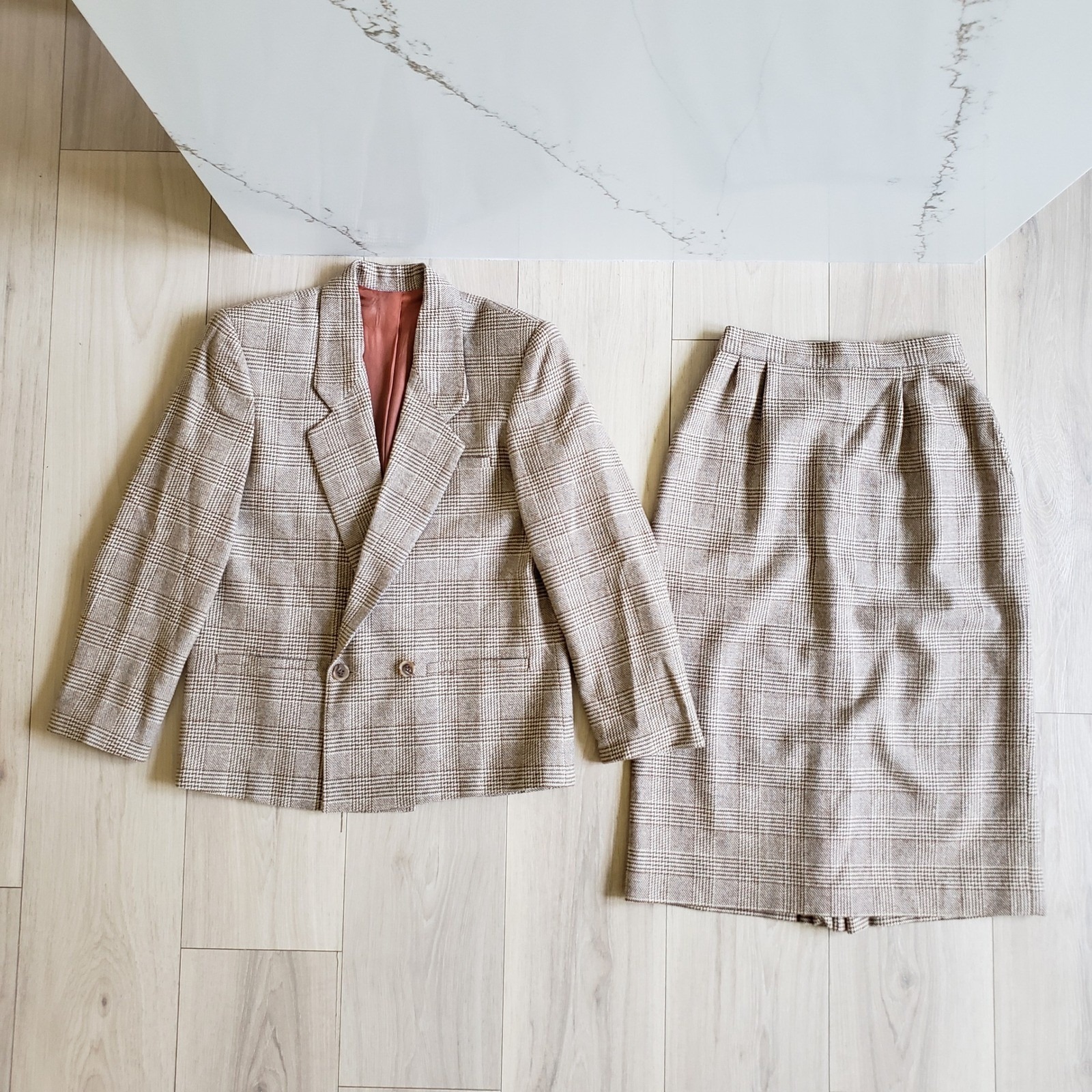 Vintage Skirt Suit Women 4 Petite Brown Wool Plaid Blazer Midi Ashley Brooke Set